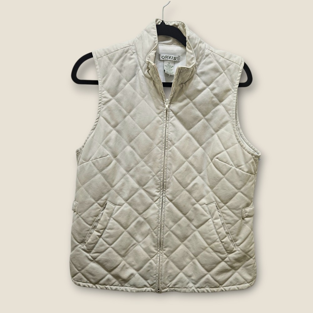 Orvis Women's Cream Quilted Vest Beige Sleeveless Full Zip Outdoor Casual S‎